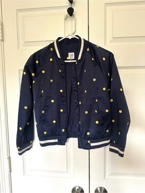 GAP Kids Navy Bomber Jacket with Yellow Polka Dots and Emoji Smiley Faces
